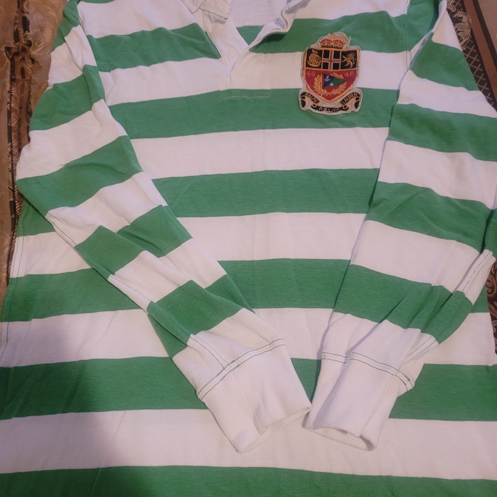 Ralph Lauren Kids Green and White Striped Long Sleeve Shirt